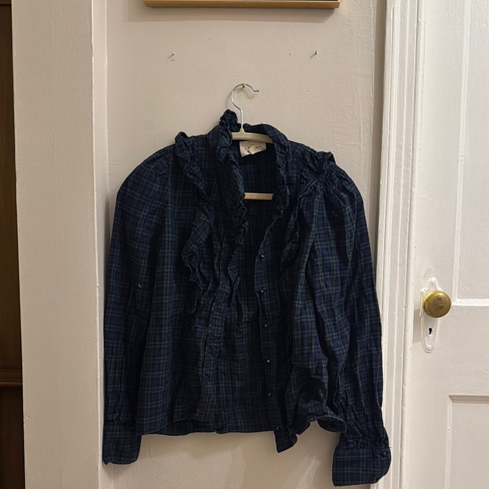 Sezane Plaid Ruffle Button-Up Shirt